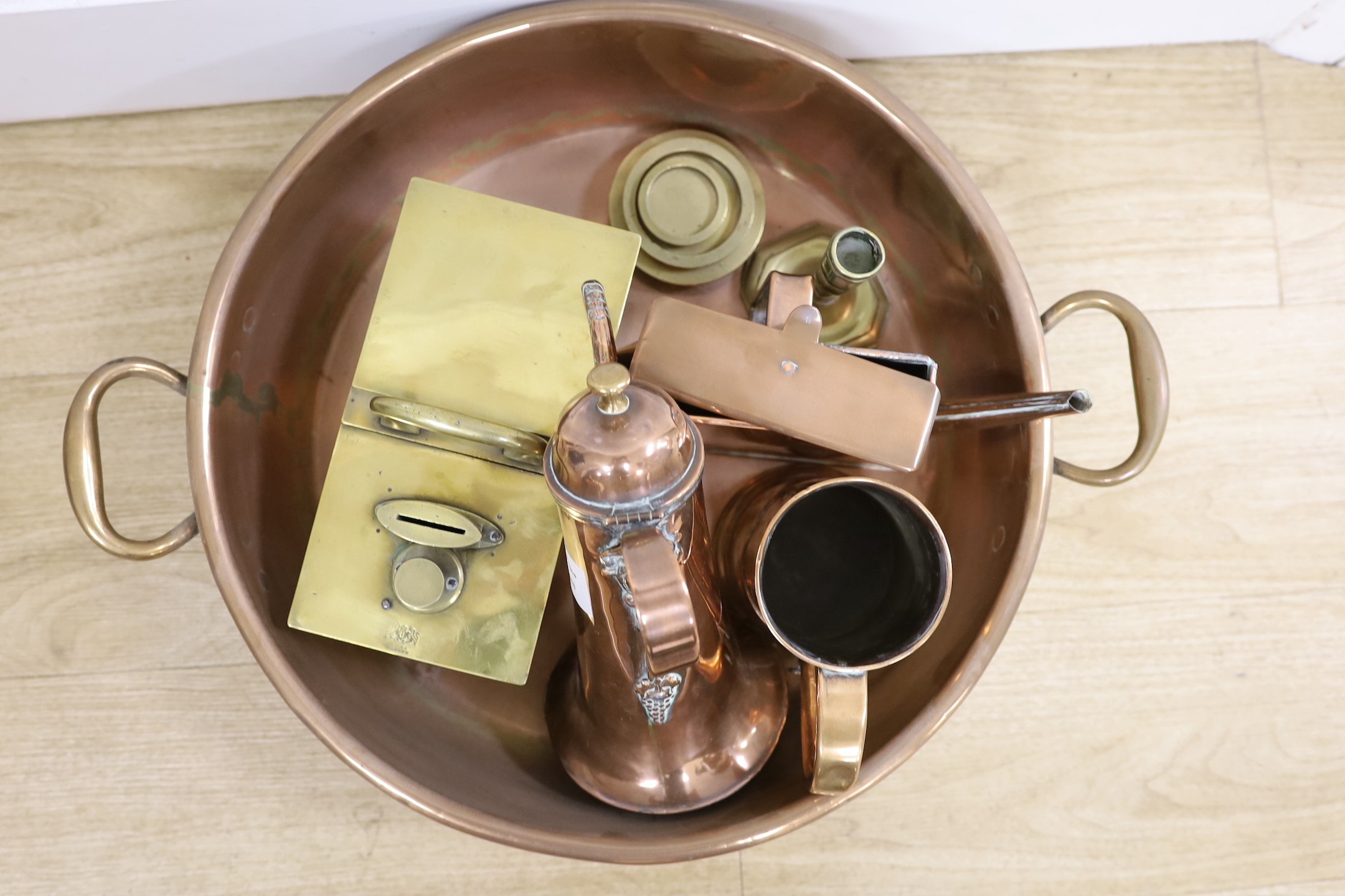 A mixed group of copper kettles / brass wares etc